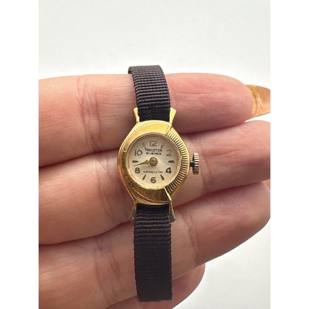 Tarleton 21 Jewels Womens Gold Tone Vintage Watch Black Ribbon Band